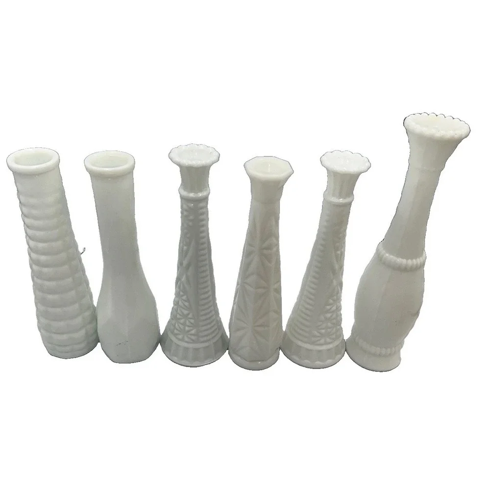 Lot of 6 Vintage Milk Glass Bud Vases Various Heights & Patterns (8-b0)